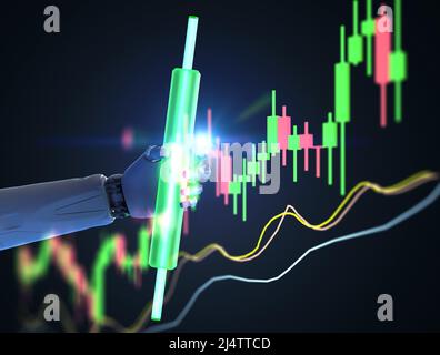 Trading-Roboter-Konzept mit 3D Rendering ai Roboter mit Kerzenständer Grafik Stockfoto