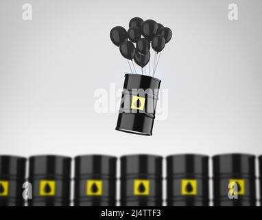 Der Ölpreis steigt oder die Rohstoffinflation mit 3D, die das Ölfass mit schwarzen Ballons zum Schweben bringt Stockfoto