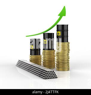Konzept für steigende Rohstoffpreise mit 3D Rendering-Öl-Barrel und Stahl mit Pfeil nach oben Stockfoto