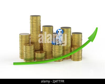 Trading-Roboter mit 3D Rendering-Roboter mit Stapel von Goldmünzen und Grafik Stockfoto