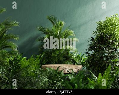 Betonpodium im tropischen Wald für Produktpräsentation und grüne Wand.3D Rendering Stockfoto