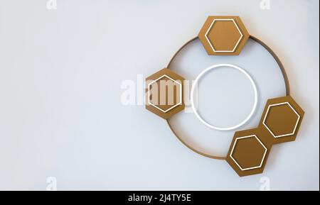Mockup weiße Linie runden Rahmen mit leerem Raum innerhalb der großen Goldfarbe Kreis Rahmen mit leeren Rahmen sechseckige Form auf weißem Hintergrund mit Stockfoto