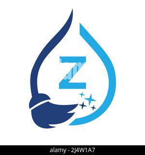 Dienstmädchen-Reinigungslogo auf Buchstabe z. sauberes Haus Zeichen, frische saubere Logo-Reinigungsbürste und Wassertropfen Konzeptvorlage Stock Vektor