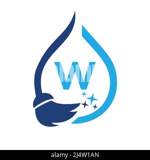 Dienstmädchen-Reinigungslogo auf Buchstabe W. sauberes Haus Zeichen, frische saubere Logo-Reinigungsbürste und Wassertropfen Konzeptvorlage Stock Vektor