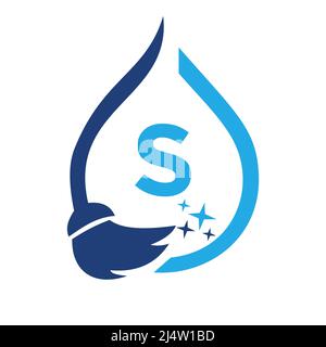 Dienstmädchen-Reinigungslogo auf Buchstabe S. sauberes Haus Zeichen, frische saubere Logo-Reinigungsbürste und Wassertropfen Konzeptvorlage Stock Vektor
