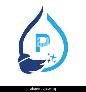Dienstmädchen-Reinigungslogo auf Buchstabe P. sauberes Haus Zeichen, frische saubere Logo-Reinigungsbürste und Wassertropfen Konzeptvorlage Stock Vektor
