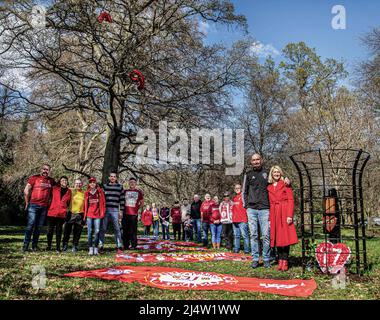 Am Karfreitag erinnerten sich Mitglieder des Dublin 15 Liverpool Supporters Club an die 97 Fußballfans, die beim Halbfinale des FA Cup zwischen Liverpool und Nottingham Forest im Hillsborough Stadium Sheffield am Samstag, dem 15.. April 1989, ums Leben kamen. Um die Ereignisse von vor 33 Jahren zu markieren, wurden Ballons in Form von 9 und 7 im Phoenix Park freigesetzt, bevor sie sich schnell in einem Baum vor dem Deer Field verwickelten, dem offiziellen Wohnsitz des US-Botschafters in Irland, der nur 135 Meilen (218 km) von Dublin entfernt liegt. Liverpool gilt als die irischste britische Stadt. Stockfoto