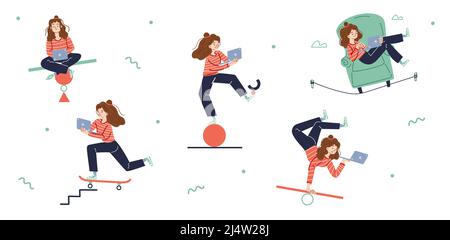 Frau arbeitet am Laptop und balanciert auf Waage, Ball, Seil und Skateboard. Konzept des Multitasking, Stabilität im Job. Vektor flache Illustration von Mädchen Freiberufler halten das Gleichgewicht in verschiedenen Posen Stock Vektor