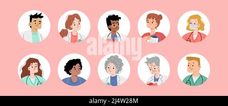 Avatare des Krankenhauspersonals, runde Symbole mit verschiedenen Ärzten im Gesundheitswesen. Junge und ältere Krankenschwestern, Chirurgen oder Therapeuten in medizinischen Gewändern. Klinikmitarbeiter Cartoon lineare flache Vektor-Illustration Stock Vektor
