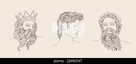 Antike griechische Skulptur. Satz von linearen Göttern antiken Statuen. Trendige Vektorgrafik im Stil einer Linie. Handgezeichnete Umrisse männliche Silhouetten Stock Vektor