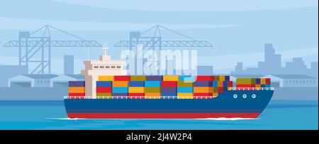 Frachtschiff verlässt nach dem Verladen den Hafen. Frachtschiff mit Containern im Meer. Seehafen mit Kränen und Lagerhäusern. Frachtlogistik. Internationale Carg Stock Vektor