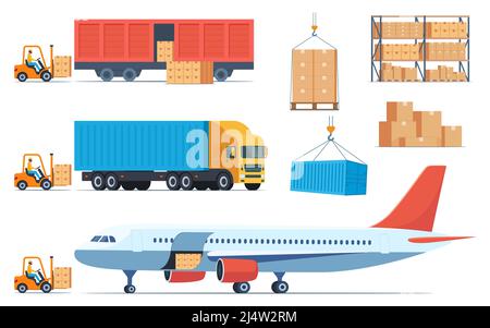 Verladung von Kisten mit Waren in verschiedene Arten von Frachttransporten. Frachtflugzeug, Zug, LKW und Gabelstapler laden Ladung hinein. Fracht und Lieferung, se Stock Vektor