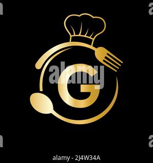 Restaurant-Logo auf Buchstabe G mit Kochmütze, Löffel und Gabel-Symbol für Küchenschild, Cafe-Symbol, Restaurant, Kochen Business Vector Stock Vektor