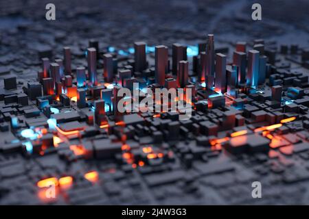 Blaue und orangefarbene Lichter im Miniaturmodell Smart City 3D. 3D Rendern. Stockfoto