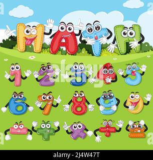 Zählen von Zahlen von Null bis neun und Abbildung mathematischer Symbole Stock Vektor