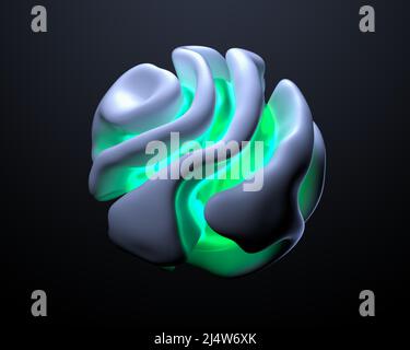 3D Rendering ästhetischer abstrakter Kunstsphäre mit Teilen von außerirdisch fließenden Formen in kugelförmigen Wellenformen und Verdrehungen in Kunststoff-Keramik glänzend mattem Material Stockfoto