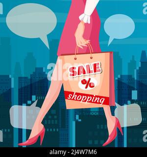 Poster Frau mit einer Tasche, Super Sale Rabatte. Shopping für einen Verkauf. Vektorgrafik, Retro, Vintage Stock Vektor