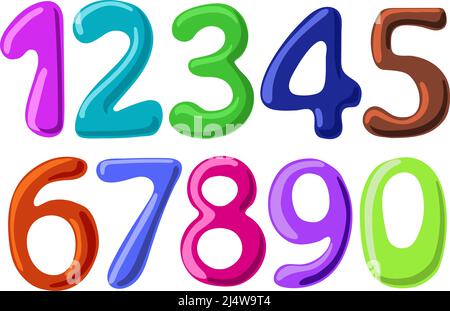Bunte Cartoon-Zahlen für Kinder, Grußkarte Vorlage. Arabische Ziffern in verschiedenen Farben. Vektorgrafik Stock Vektor