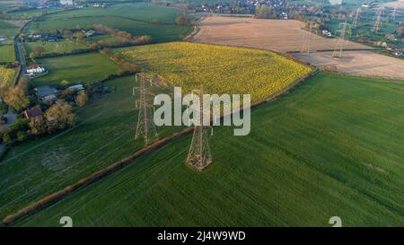 Eine Luftaufnahme von Strommasten im ländlichen Suffolk, Großbritannien Stockfoto