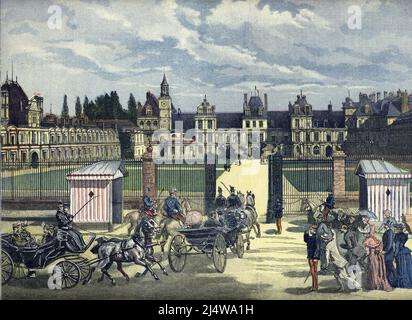 ARRIVEE du President de la republique Francaise Sadi Carnot au Chateau de Fontainebleau Residence de vacances aout 1892 (französischer Präsident Sadi Carnot auf dem Schloss von Fontainebleau in der Nähe von Paris für seine Ferien im august 1892) Illustration tiree de 'Le Petit Journal' 6 aout 1892 Collection privee Stockfoto