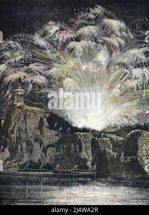 'Feu d'artificce au Parc des Buttes Chaumont a Paris le 14 juillet 1892' (Feuerwerk in den Gärten von Buttes Chaumont in Paris am 14. Juli 1892) Illustration tiree de 'Le Petit Journal' 23 juillet 1892 Collection privee Stockfoto