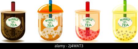 Eine Reihe von verschiedenen ausgefallenen Tees. Flache lackierte Elemente. Ungewöhnliche Sommergetränke. Grüner Tee, Matcha-Milch, Kakaokuchen und Obst, bestehend aus gemischtem f Stock Vektor