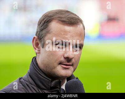 SHAUN MALONEY, Manager des Hibernian Football Clubs aus Edinburgh, während eines Interviews im Hampden Park, Glasgow, vor dem Scottish Cup Semifinale Agai Stockfoto