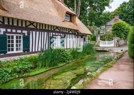 In Veules-les-Roses gibt es Frankreichs kurzen Fluss: Die Veules von nur 1km Länge, Normandie, Frankreich Stockfoto