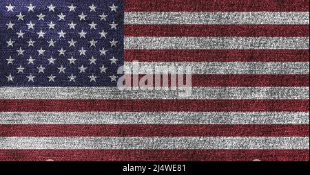 Grunge amerikanische Flagge auf Denim Jeans texturierten abstrakten Hintergrund Konzept. Die National USA Flagge auf Denim Frabric Textur. Stockfoto