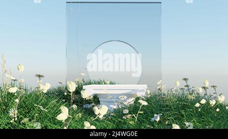 3D Display Podium Himmel Hintergrund mit natürlichem grünen Gras und Sonnenschatten. Natur minimal Sockel, Schönheit, kosmetische Produktpräsentation. Feder Stockfoto