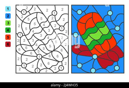 Fäustlinge. Farbe nach Zahlen Winterkleidung. Puzzle-Spiel für Kinder Bildung, Farben für das Zeichnen und Lernen Mathematik Stock Vektor
