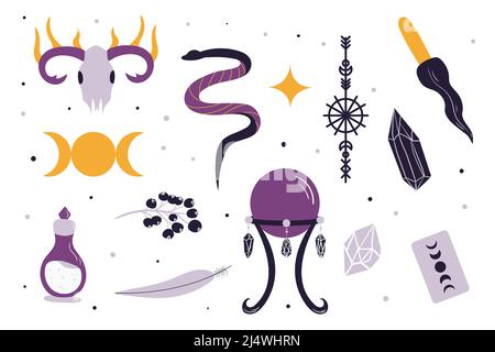 Satz von Hexenkunst-Elementen. Handgezeichnete Kollektion in einem modernen, sauberen Stil. Wiccan themed Illustrationen, Mystik, Spiritualismus. Vol.2 Stock Vektor