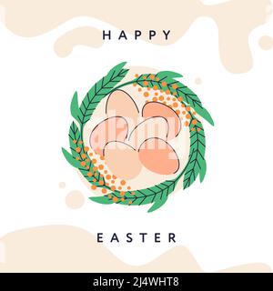 Happy Easter Vektor Linie Kunst Poster. Osterzusammensetzung mit Eiern, Frühlingsblumen und Grün. Modernes, minimalistisches Design. Stock Vektor