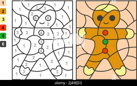 Lebkuchenmänner. Farbe nach Zahlen. Puzzle-Spiel für Kinder Bildung, Farben für das Zeichnen und Lernen Mathematik Stock Vektor