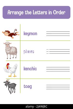 Entwurf eines Arbeitsblatts für die Anordnung der Buchstaben Stock Vektor