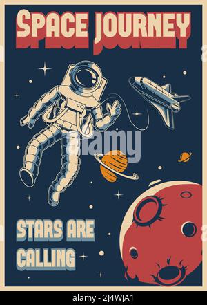 Weltraumposter. Vintage-Postkarte mit Mars-Erkundung im Freien auf fliegendem Raketenschiff exakte Vektorvorlagen mit Platz für Text Stock Vektor