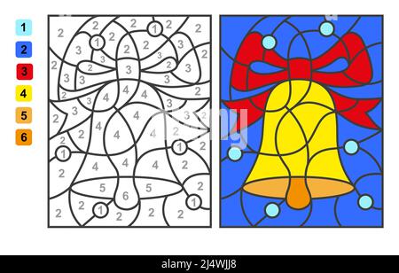 Gingle Bell. Farbe nach Zahlen. Puzzle-Spiel für Kinder Bildung, Farben für das Zeichnen und Lernen Mathematik Stock Vektor