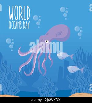 Welt Ozeane Tag Lettering Karte Stock Vektor