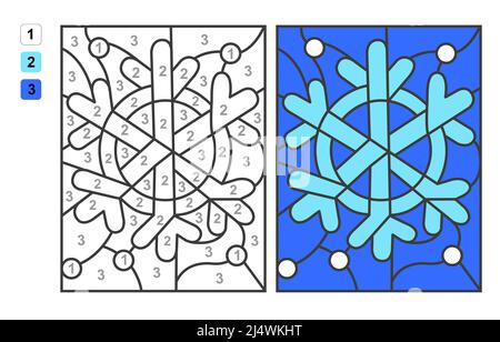 Schneeflocke. Farbe nach Zahlen. Puzzle-Spiel für Kinder Bildung, Farben für das Zeichnen und Lernen Mathematik Stock Vektor