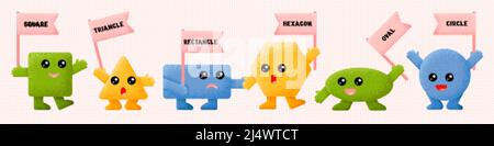 Geometrische Formen für Kinder. Niedliche Kreis-, Dreieck-, Sechseck-Figuren mit Banner. Abstrakte texturierte kindliche Figuren, schwüliger Vektor-Satz Stock Vektor