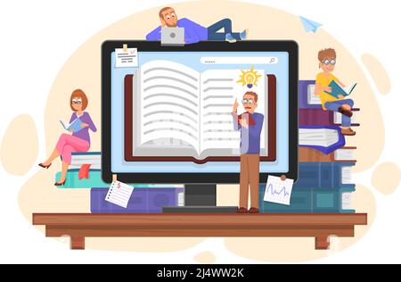 Die Menschen studieren auf Online-Kursen mit Büchern und Laptop. Online-Bibliothek oder Bildungszentrum, entfernte Schule, Hochschule und Universität. Cartoon Erwachsene Stock Vektor