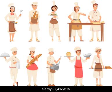 Restaurantteam. Catering- und Kellnerpersonal, isolierte Cafe-Mitarbeiter. Kochen Sie in Uniform, Serviergruppe. Cartoon Menschen mit Lebensmitteln und frischem Brot anständig Stock Vektor