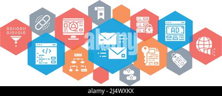 SEO-Webbanner. Lesezeichen, Hosting, Hyperlink, Werbung, Datentransfer Vektor horizontale Linie Symbole Illustration. Stock Vektor