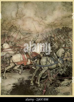 Wie Arthur sein Schwert Excalibur zum ersten Mal zog' Frontispiz aus dem Buch "die Romanze von König Arthur und seinen Rittern des Runden Tisches" aus Morte D'Arhur von Sir Thomas Malory von Alfred W. Pollard illustriert von Arthur Rackham Verlag New York : Macmillan 1920 Stockfoto