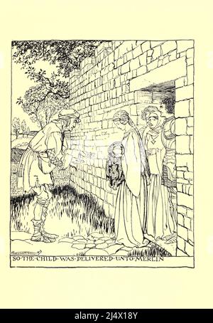 So wurde das Kind Merlin aus dem Buch "die Romanze von König Arthur und seinen Rittern des Runden Tisches" überliefert, das von Sir Thomas Malorys Morte D'Arhur von Alfred W. Pollard, illustriert von Arthur Rackham Verlag New York: Macmillan 1920, gekürzt wurde Stockfoto