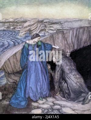 Merlin und Nimue aus dem Buch "die Romanze von König Arthur und seinen Rittern des Runden Tisches" aus Sir Thomas Malorys Morte D'Arhur von Alfred W. Pollard illustriert von Arthur Rackham Verlag New York : Macmillan 1920 Stockfoto