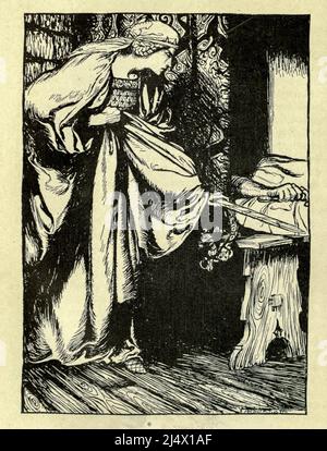 Aus dem Buch "die Romanze von König Arthur und seinen Rittern des Runden Tisches" wie Königin Morgan le Fay die Scheide von Arthur entwendete aus Sir Thomas Malorys Morte D'Arhur von Alfred W. Pollard illustriert von Arthur Rackham Verlag New York : Macmillan 1920 Stockfoto