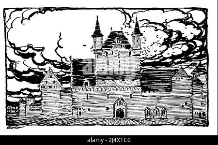 Camelot Castle in schwarz-weiß aus dem Buch "die Romantik von König Arthur und seinen Rittern des Runden Tisches" aus Morte D'Arhur von Sir Thomas Malory von Alfred W. Pollard illustriert von Arthur Rackham Verlag New York : Macmillan 1920 Stockfoto