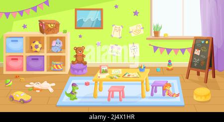 Kindergarten Spielzeug Zimmer. Kinder Klassenzimmer, Kindergarten Kindergarten Kindertagesstätte, Spiel spielen Kinder Spielzeug Indoor Spielplatz innen, kindisch an der Wand Spielzimmer Vektor. Illustration des Kindergartens und Klassenzimmers Stock Vektor