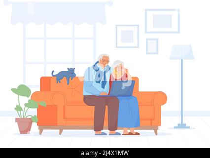 Rentner auf Sofa mit Computer. Glückliches älteres Paar und Internet-Technologie, alte Familie sitzt zu Hause Couch älterer Mann Frau Ruhestand Lebensstil, schwül Vektor-Illustration Stock Vektor
